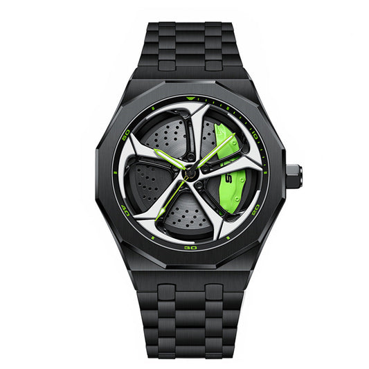Black wristwatch with green accents on a white background, featuring 'Super Luminous' and 'Rotate 360 Degrees' text.